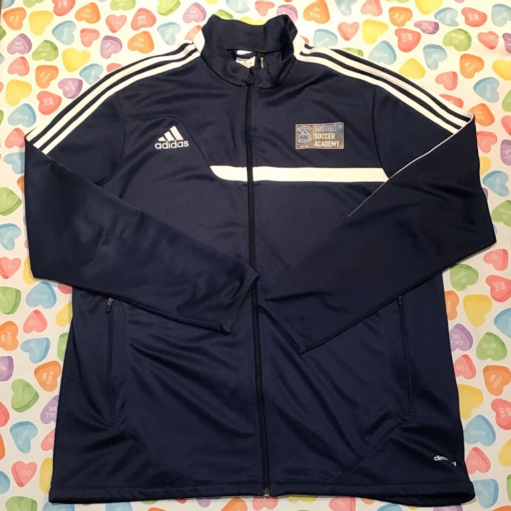 Adidas Men’s Navy Blue Mock Neck Long Sleeves Jacket Full Zip 3 White Stripes